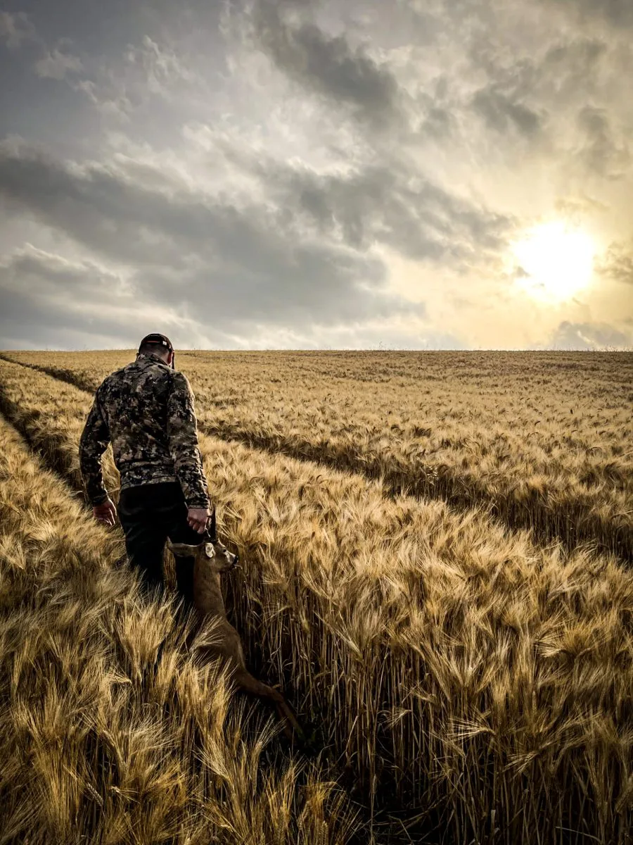 Une figure solitaire marchant &agrave; travers un champ de bl&eacute; dor&eacute; sous un ciel dramatique, capturant un moment de tranquillit&eacute; et de connexion avec la nature.
