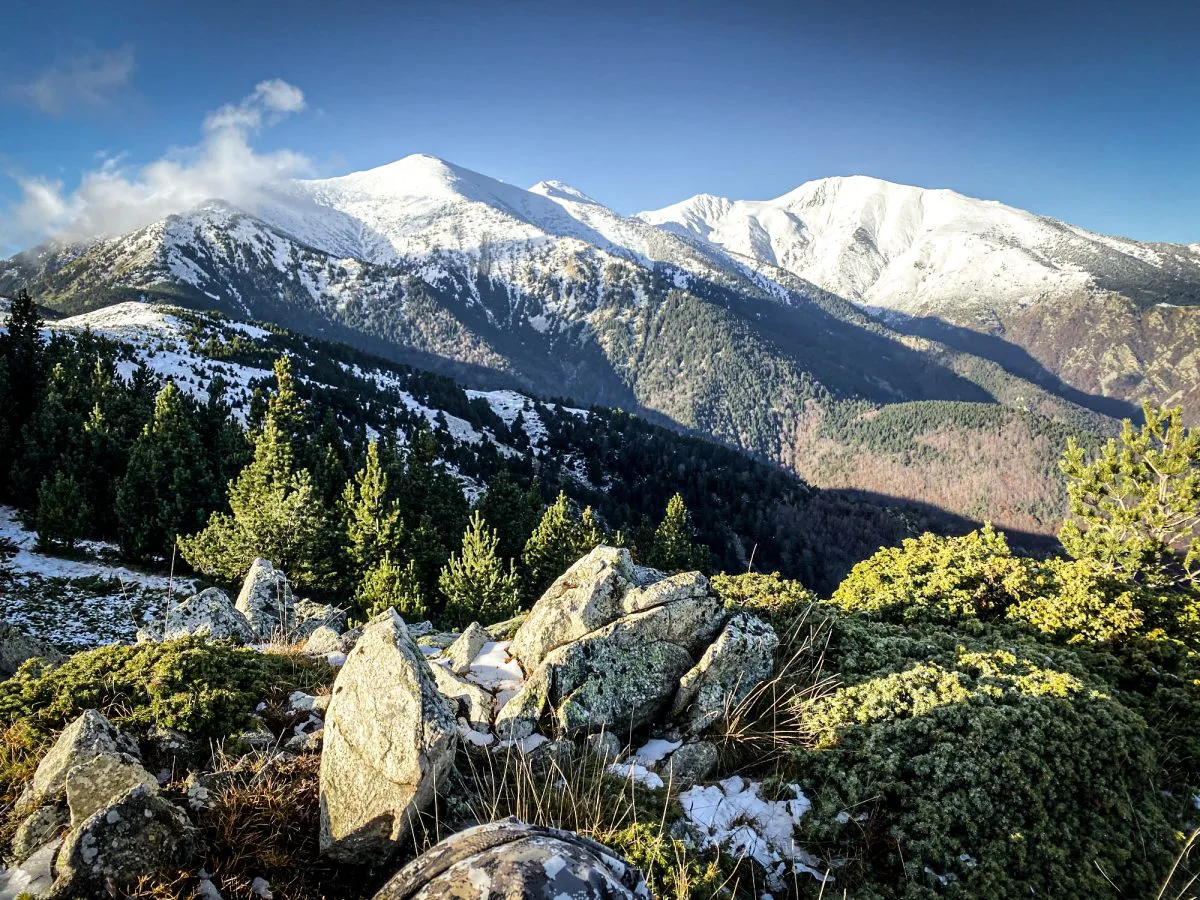 Majestuosas monta&ntilde;as cubiertas de nieve se elevan sobre un sereno paisaje alpino con rocas dispersas y &aacute;rboles de hoja perenne, bajo un cielo azul brillante con nubes tenues.