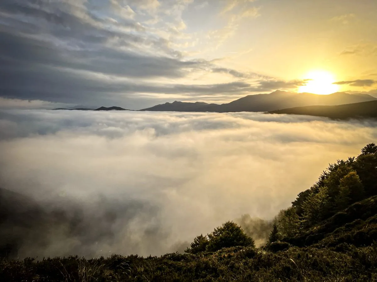 Un lever de soleil tranquille au-dessus d'une mer de nuages, avec le soleil projetant une lueur chaleureuse sur les lointaines Pyr&eacute;n&eacute;es, alors qu'un nouveau jour se l&egrave;ve.