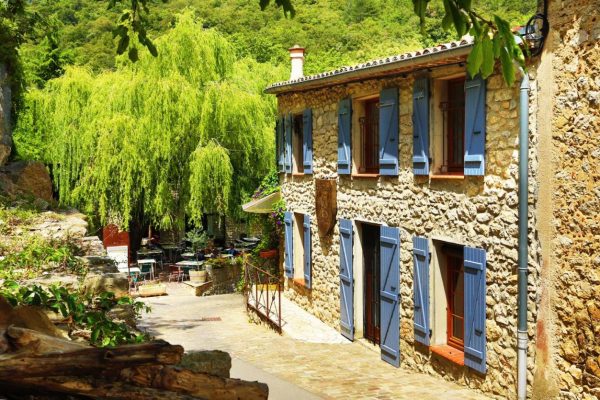 A charming stone house with blue shutters nestled in lush greenery, exuding rustic tranquility, perfect for mouflon hunting enthusiasts.