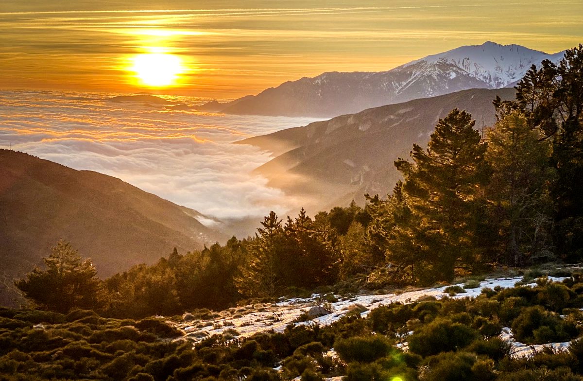 Lever de soleil doré sur un paysage montagneux, avec une mer de nuages nichés dans les vallées et des sommets enneigés au loin.