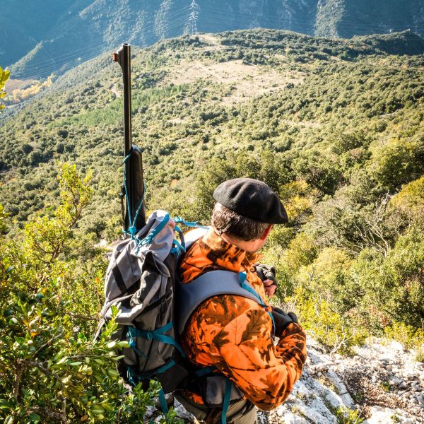 Un randonneur avec un sac à dos et une canne regarde vers le bas tout en parcourant un sentier rocheux dans un paysage montagneux, entouré d'une végétation luxuriante sous un ciel clair et ensoleillé sur le chemin du retour.